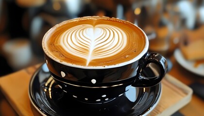 Wall Mural - Heart-shaped latte art in a coffee cup showcasing intricate details and rich textures