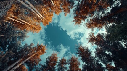 Sticker - Looking Up at the Sky Through a Canopy of Trees in a Forest