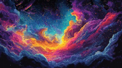 Poster - Pixelated Abstract Nebula with Vivid Colors and Starry Background