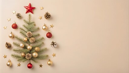 A minimalist Christmas design with a beige background featuring a decorated pine branch in the shape of a Christmas tree, golden and red ornaments, and pinecones. Great for holiday cards or festive la