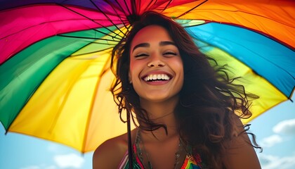 Wall Mural - Joyful woman smiling under vibrant rainbow umbrella on a sunny day, radiating warmth and happiness