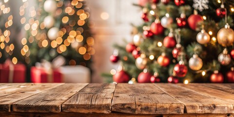 Rustic wooden table in front of a beautifully decorated Christmas tree with red and gold ornaments, featuring soft holiday bokeh lights in the background for seasonal product displays.