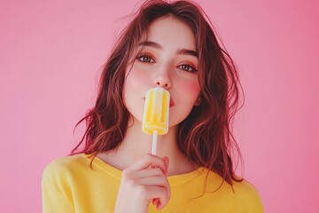 Wall Mural - Portrait of beautiful young woman eating delicious ice cream