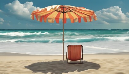 Vibrant beach umbrella resting on golden sand beside the sparkling ocean waves