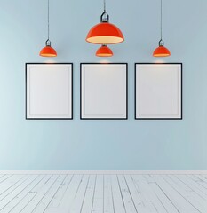 Three blank picture frames with black borders on light blue wall and hardwood floor. Three orange pendant lights above frames. Clean minimalist design.