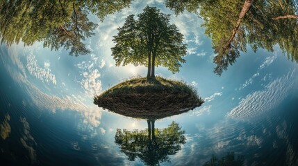 Wall Mural - Upside-Down Tree and Its Reflection in a Still Lake