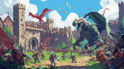 Poster - Dragon Battle Before a Medieval Stone Castle