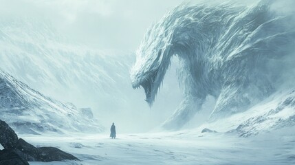 Poster - A Solitary Figure Confronts a Massive, Frozen Dragon in a Snowy Mountain Landscape