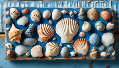 Artistic display of sea rocks and shells on a rustic blue wooden plank