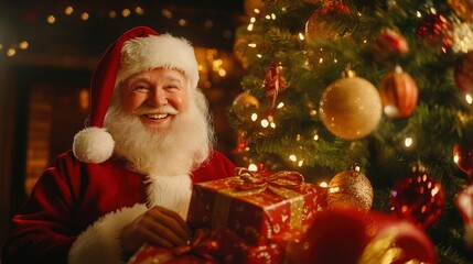 Wall Mural - Santa Claus smiling as he places gifts under a decorated Christmas tree, surrounded by holiday decorations.