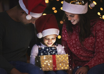 Poster - Christmas, parents and girl with gift, house and bonding together with festive season, love and holiday. Xmas, family and father with mother, daughter and present with smile, vacation and celebration