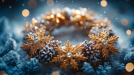 Christmas wreath made of diamond and gold snowflakes. Golden decor.