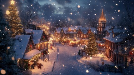 Wall Mural - Snow-covered rooftops in a winter wonderland village, with twinkling lights, Christmas trees, and a magical holiday atmosphere.