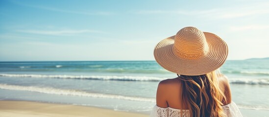 Canvas Print - Woman in a Straw Hat Looking at the Ocean