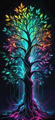 Neon digital tree with glowing leaves, phone wallpaper, phone background