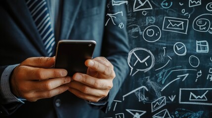 Businessman using a smartphone with communication and technology symbols drawn on a chalkboard behind him.