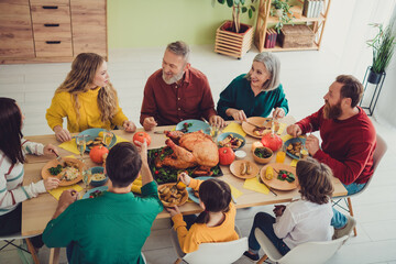 Photo of charming happy big family celebrating thanksgiving day sitting eating lunch traditional meat indoors room home