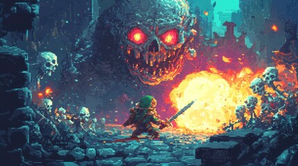 Pixelated Fantasy Battle with Skull-Faced Monster and Hero with Sword