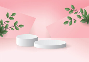 Minimalist product display podium with green leaves on soft pink geometric background, natural and modern presentation template. Vector illustrations