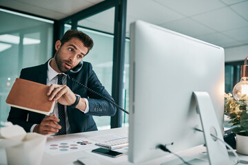 Sticker - Business, man and phone call with computer in office for communication, connection and conversation. Male person, employee and telephone meeting with diary on multitasking for schedule and deadline