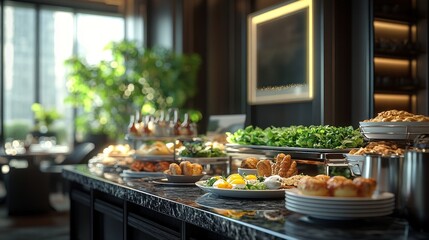 Business breakfast buffet with fresh salads, eggs, and pastries in a luxury hotel conference room.