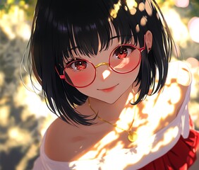 Sticker - Anime girl with red glasses and black hair looking up at the viewer with a smile.  Perfect for avatars, social media, or anime art