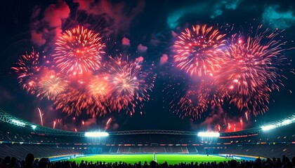 Spectacular night sky fireworks illuminating a stadium, bursting with vibrant colors and excitement