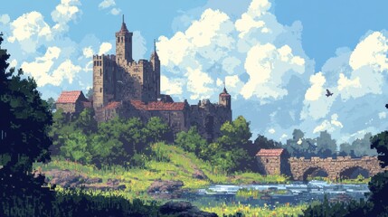 Poster - A Stone Castle With Red Rooftops Amidst Green Trees, a Winding River, and a Clear Blue Sky