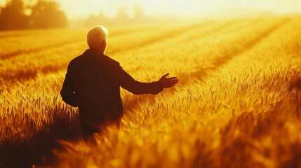 Digital art of a person in the middle of a wheat field at sunset. Illustration of a silhouette of an old man walking in a wheat field.