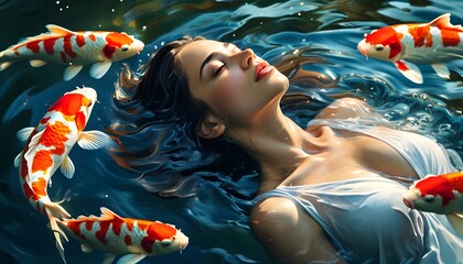 Canvas Print - Harmony of Woman and Nature Surrounded by Koi Fish in Ethereal Water Setting