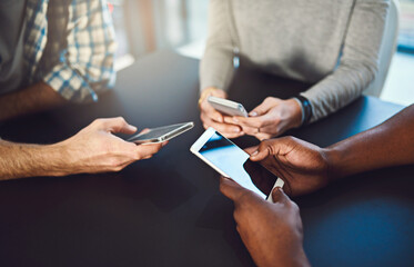 Poster - Phone, hands and people networking in circle for information, notification and online communication. Closeup, group diversity and download cellphone app for contact, iot data or social media software