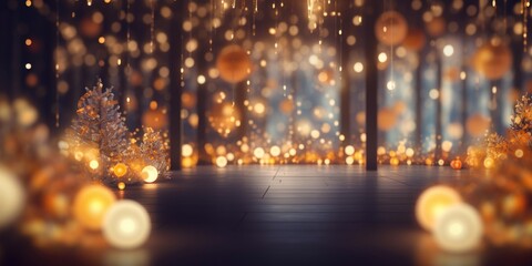 Wall Mural - Blurred Christmas lights background with festive holiday bokeh and ornaments