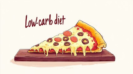 Minimalist illustration of low-carb pizza slice on wooden board for diet concept.