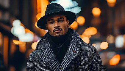 Chic urban evening with a confident man in houndstooth coat and hat against a vibrant city backdrop