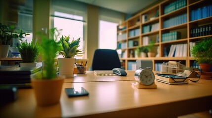 Poster - Office Desk with Plants and Bookshelf