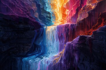 A colorful waterfall with a rainbow in the background