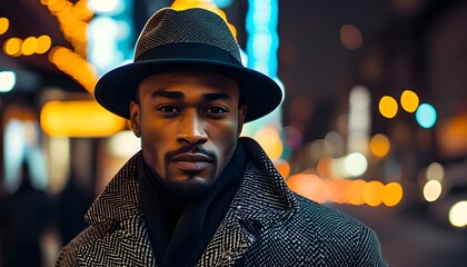 Wall Mural - Chic urban evening with a confident man in houndstooth coat and hat against a vibrant city backdrop