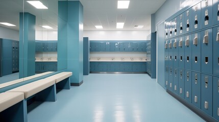 Canvas Print - Blue Lockers and Bench in a Locker Room