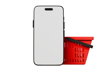 Poster - 3D Shopping basket with mobile phone icon isolated on purple background. Element for Online Shopping, E-Commerce Concept. Minimal Cartoon shopping basket plastic cart icon creative design. 3d render.