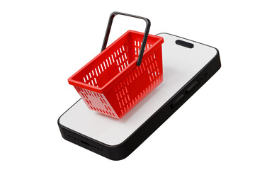 Poster - 3D Shopping basket with mobile phone icon isolated on purple background. Element for Online Shopping, E-Commerce Concept. Minimal Cartoon shopping basket plastic cart icon creative design. 3d render.