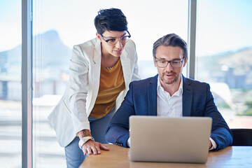 Fototapete - Laptop, help and mentor with business people for email marketing, target audience research and rpa software. Chief automation officer, solution and collaboration with employees and ai system