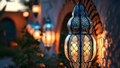 Wall Mural - Magical nighttime garden illuminated by intricate Moroccan lanterns casting soft, patterned light