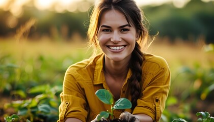 Joyful woman in yellow shirt planting saplings in a field, embodying agriculture and the spirit of growth