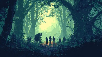 Canvas Print - Silhouettes of people walking through a foggy forest