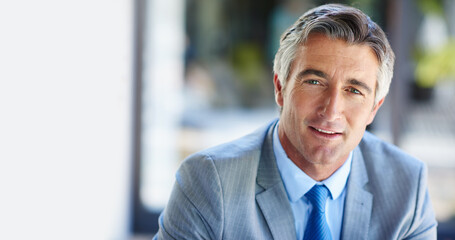 Aufkleber - Businessman, portrait and smile with confidence for mature CEO, property developer or entrepreneur. Real estate, project manager and happy outside for urban development with corporate career pride