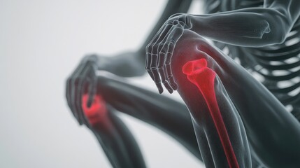 A 3D medical illustration of a human skeleton with a highlighted red knee joint, representing pain or inflammation.