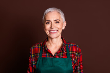 Poster - Photo of lovely postive retired lady wear red checkered shirt isolated on brown color background