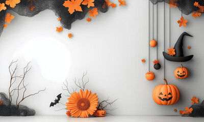 Wall Mural - Halloween background with pumpkins and bad on white background.