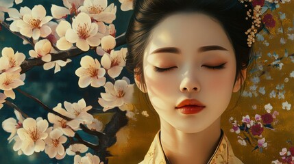 Sticker - A Woman with Closed Eyes Surrounded by White Blossoms