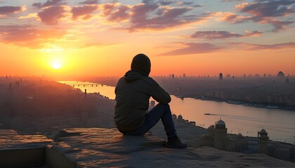 Contemplative figure overlooking the sunset-drenched skyline of Cairo, Egypt